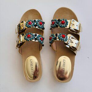 Ellen Tracy Patrick Gold Bejeweled Sandals Size 8M